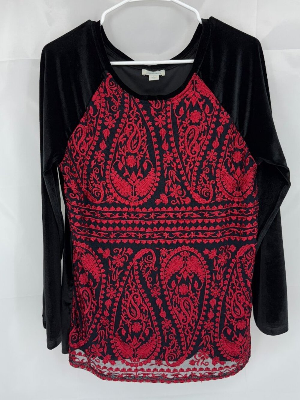 Sundance Women L Velvet Shirt Long Sleeve Red Embroidered Black Velour Soft Top
